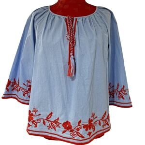 Crown & Ivy peasant top size S blue & white cotton red embroidery tassel neck